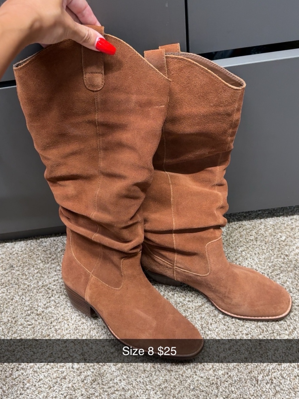 Women's Suede Mid-Calf Heeled Boots - Brown